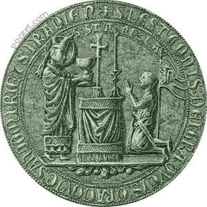 pieczęć ze sceną dewocyjną - przedstawienie księcia klęczącego przed Św. Stanisławem (1281-88)